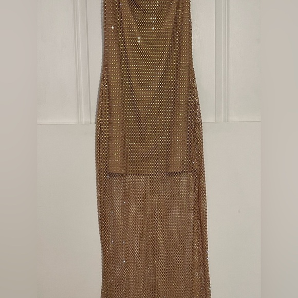 Self Portrait Tan Hotfix Fishnet Maxi Dress crystal Rhinestone studded gown 10 - Picture 13 of 16
